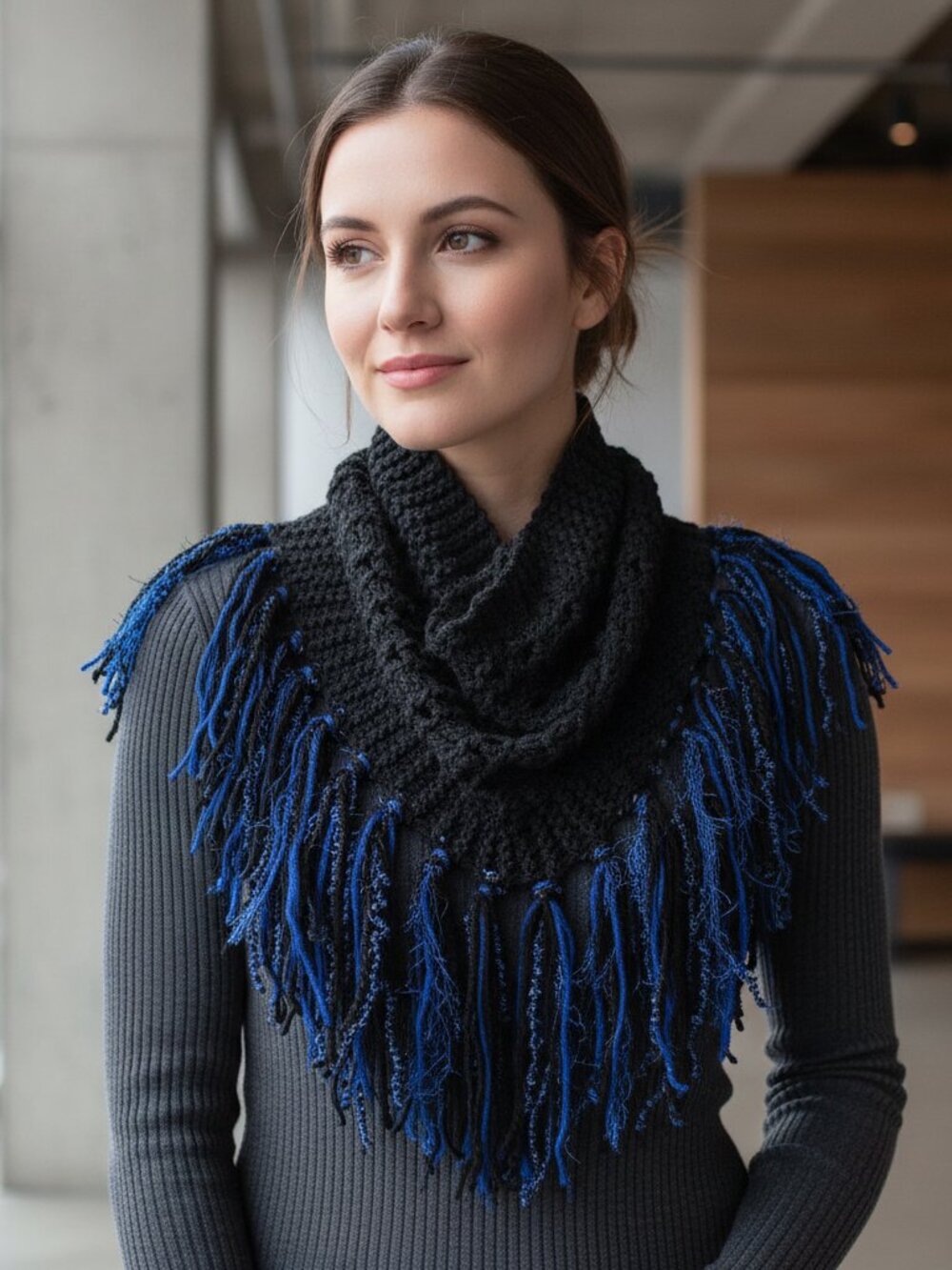 NEW Cowl Scarf Fringe Hand Knitted Black Blue Boho Eyelet Cottage Indie Festival